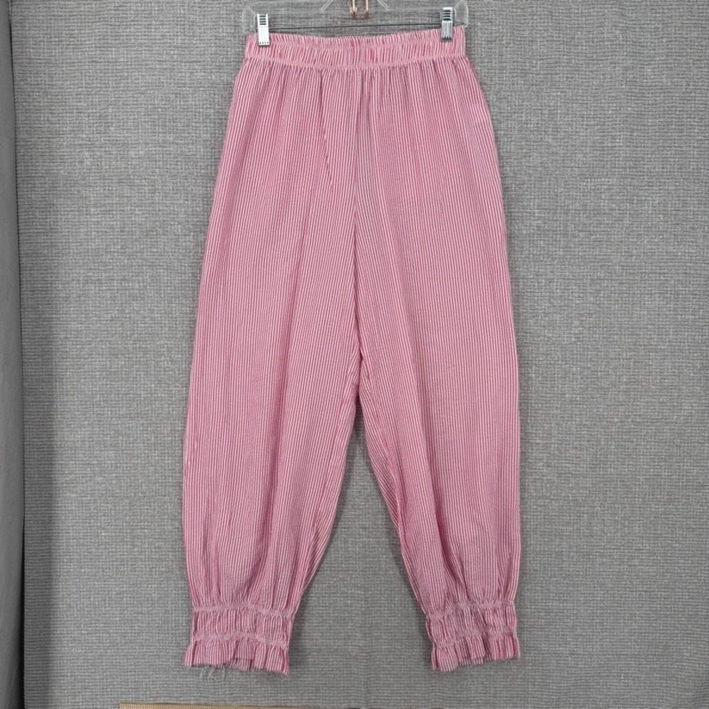 Pink Lily Seersucker Stripe Pants Women M Pink White Smocked Ruffle Coquette